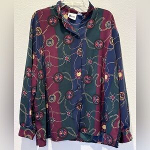 Vintage Jewel Tone Button Front Shirt Baroque Chain Link Jewelry Print Size 24W
